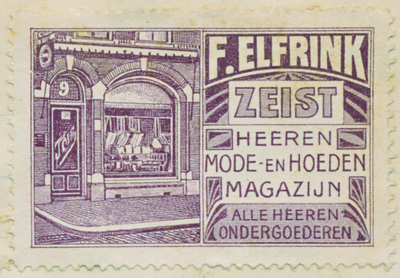 710114 Sluitzegel van F. Elfrink, Heeren Mode- en Hoedenmagazijn, [1e Dorpsstraat 9] te Zeist. Met een litho van het ...